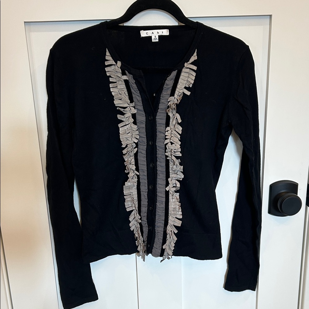 CAbi | Women's Black Button Down Cardigan with Gray Ruffle (Small)